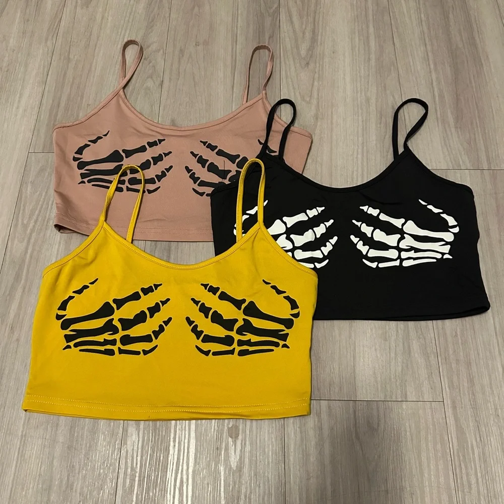 Skeleton Hand Print Crop Tops - Black, Yellow, Pink - Picture 2 of 3